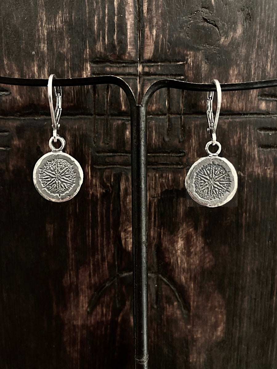 A pair of  handmade sterling silver circle earrings with a coral pattern the blue hound mens jewelry womens jewelry