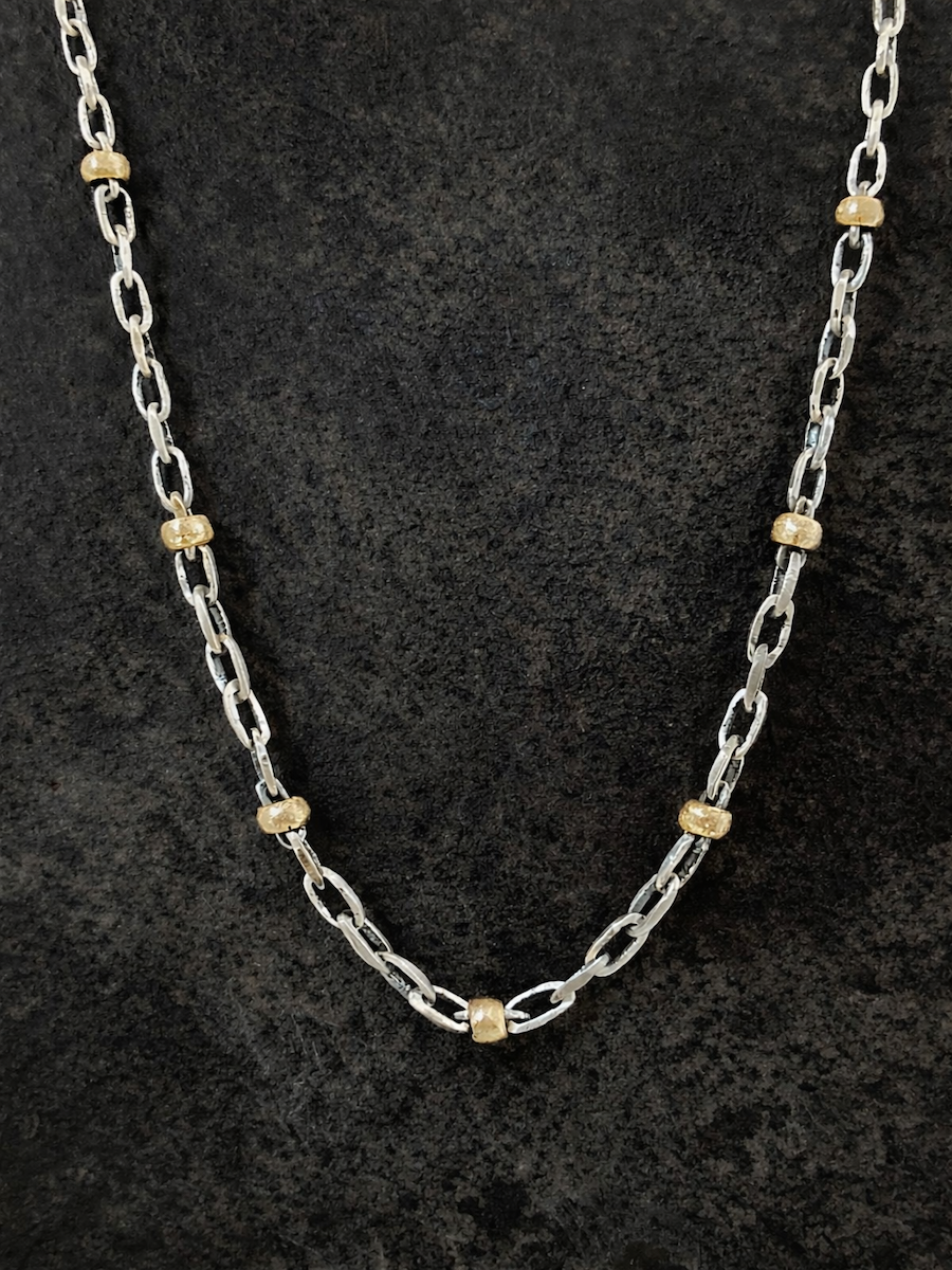 Sterling silver paper clip chain necklace with bronze beads Mens Jewelry Womens Jewelry