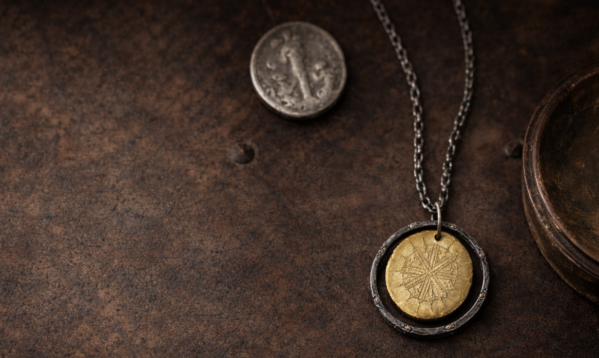 14k gold etched talisman pendant 
