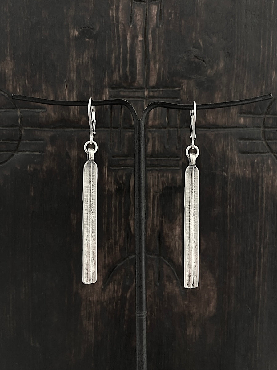 A pair of handmade ridged bar dangle lever back earrings made of sterling silver, mens jewelry womens jewelry
