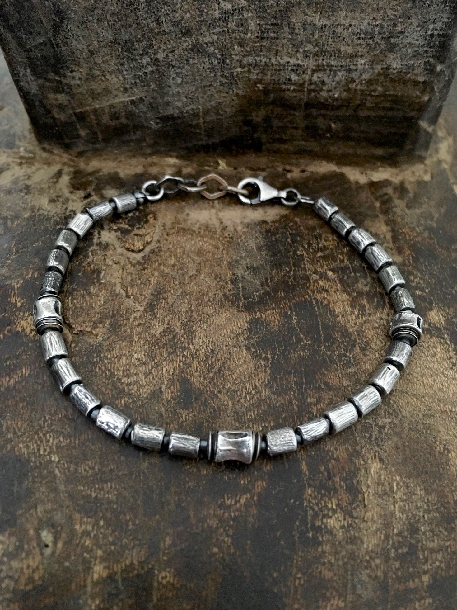 Our single strand organic 925 sterling silver handmade beaded  bracelet made from hand-cast fishbone beads men and women jewelry.