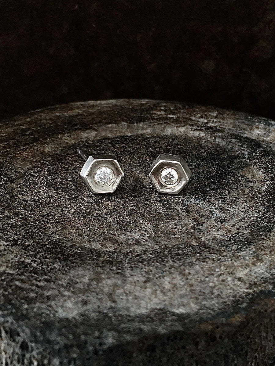 Sterling Silver Hexagon Shaped Stud Earrings centered with a diamond Mens Jewelry Womens Jewelry